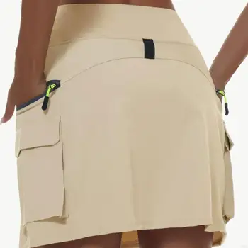 Breathable Workout Skirt Elastic Feature Secure Pocket Five Point Design Tennis Casual Wear Polyester Fabric Skort