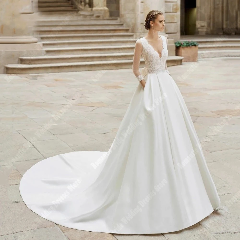 2024 Elegant Satin Women Wedding Dresses Gorgeous Mopping Length Bridal Gowns Formal V-Neck Banquet Princess Vestidos De Novias 4