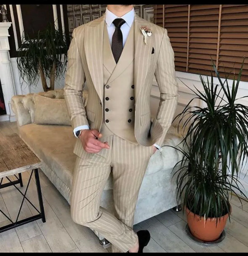 New Tailor Made Black/Blue 3 Pinstripes Groom Tuxedo Men Suits 3 Pieces Slim Fit Wedding Prom Blazer Trousers(Jacket+Pants+Vest)