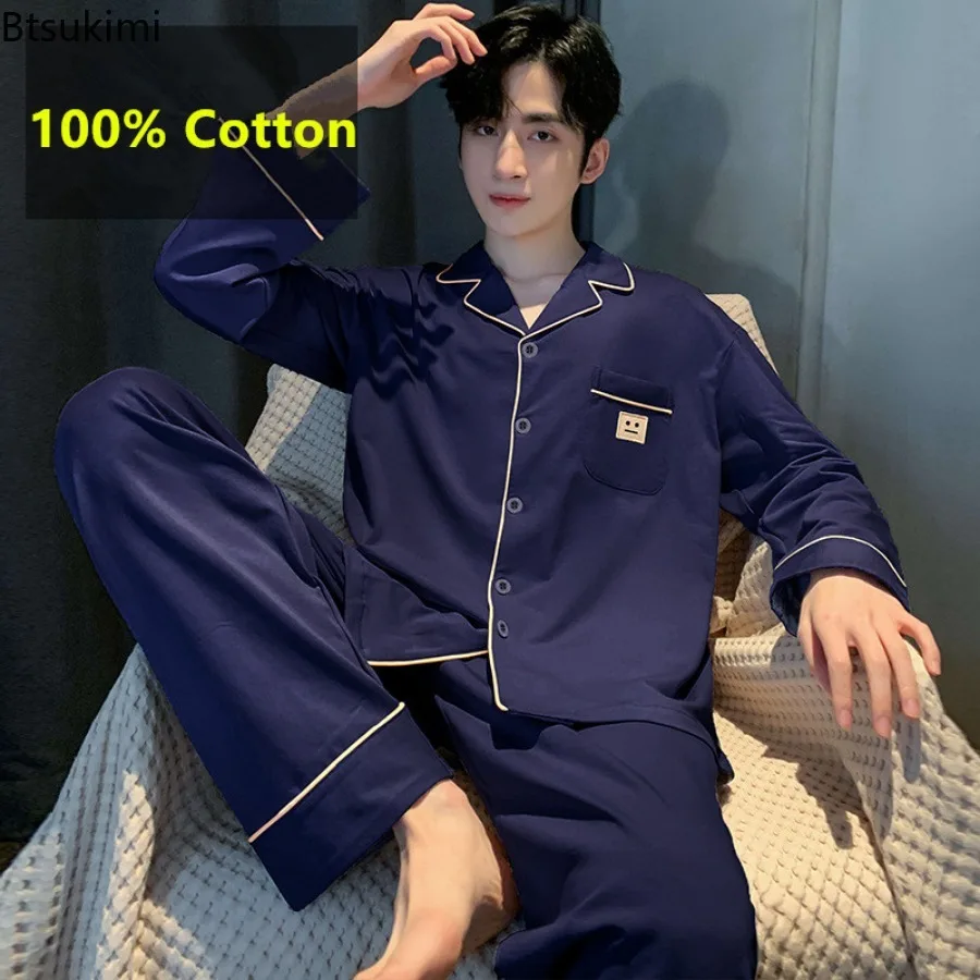 Spring Autumn New Men's Fashion Pajamas Sets Long Sleeves Pure Cotton Home Clothes Male Breathable Big Size Nightwear Young Teen