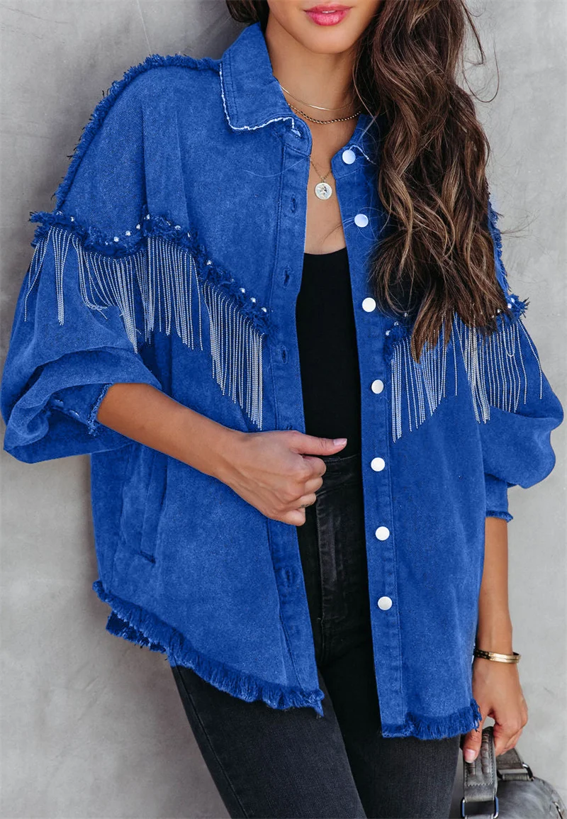 Fashion Tassel Splicing Denim Jacket Ladies Casual Trend Streetwear Women's Long Sleeve Single-breasted Coat Ins Style Outerwear