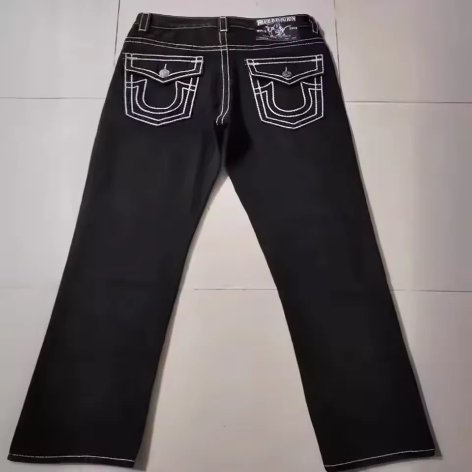 High Street Trendy Jeans White Thick Thread Buddha Religion Straight Casual Pants Men Wide Leg Pants  American Retro Style 3