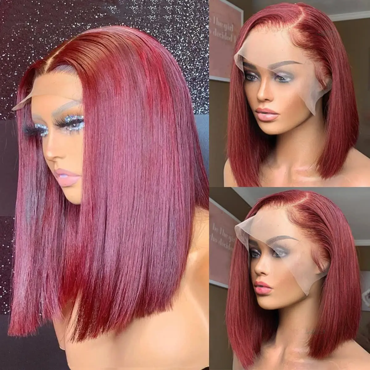 250% 13x6 Burgundy HD Transparent Short Bob Human Hair Wigs Color 99J Red Bone Straight Lace Front Wig For Women Pre Plucked 3