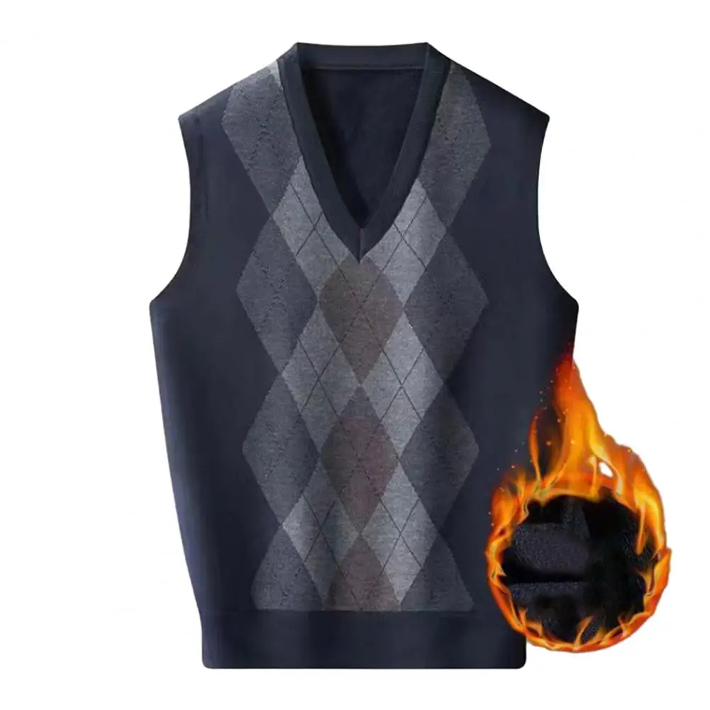 Men Vest Knitted Stylish Men's Rhombus Print V-neck Sweater Warm Soft Fashionable Mid-length Knitted for Fall men sweater vests mens knitted vest