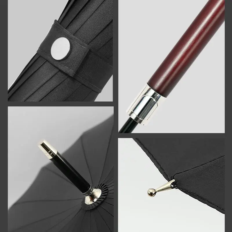 Light Luxury Semi-Automatic Long Handle Men Umbrella Wooden Handle Sturdy Wind-Resistant Large Business Umbrella Rainstorm Proof