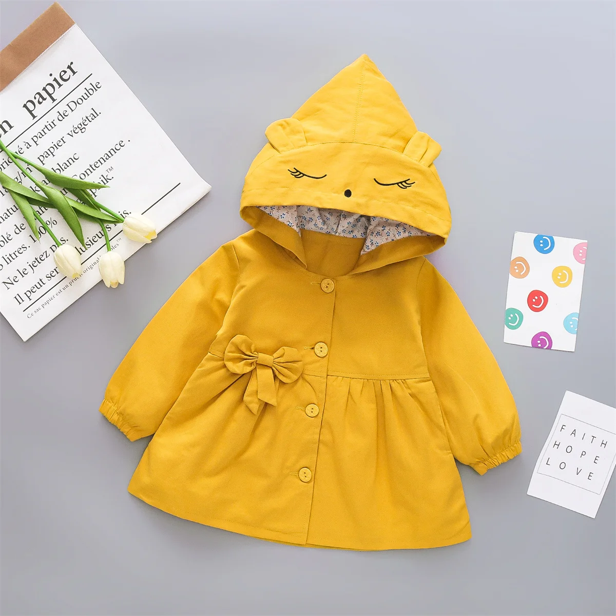 0-3 Year Old Girl Spring And Autumn Cute Hooded Coat Baby Single Breasted Hat Embroidered Cartoon Windbreaker for baby jacket,baby coat,children jacket