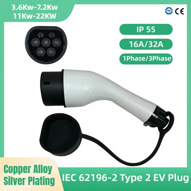 11KW and 22KW Three Phase Converter for Electric Vehicles 16A 32A EV Charger Type 2 Male Plug to Female IEC62196-2 Adapter