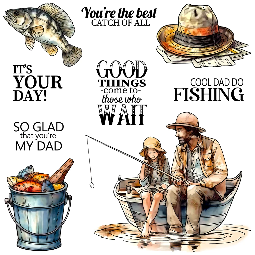 

Mangocraft Fishing Dad Daughter Cutting Dies Clear Stamp Father's Day DIY Scrapbooking Metal Dies Silicone Stamps For Card Album