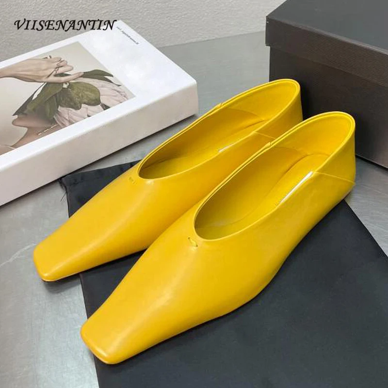 

Simple Style Elegant Lady Flat Shoe All Match Shiny Leather Yellow Blue Slip on Comfy Mules Shallow Square Toe Chic Fashion Shoe