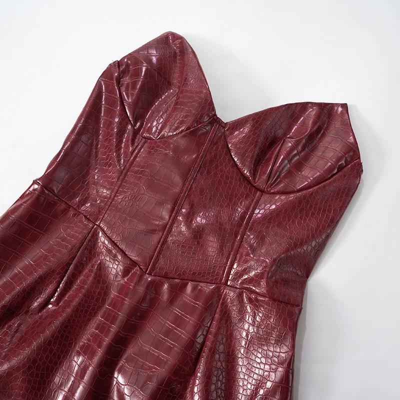 Vestido mini sexy de cuero burdeos sin tirantes para mujer, espalda descubierta, cintura alta, paquete de cadera, vestidos femeninos de verano 2025, ropa de club Y2K ajustada