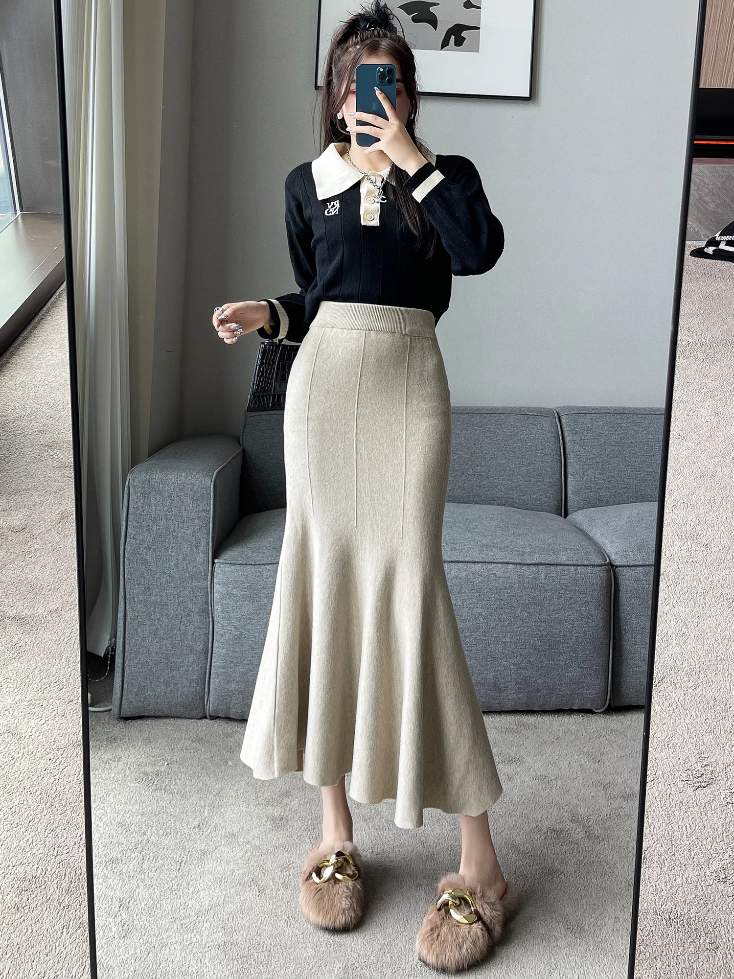 

Women Skirts Plus Size Black Knitted Midi Skirt High Waist A Line Mermaid Skirt For Autumn And Winter Flattering
