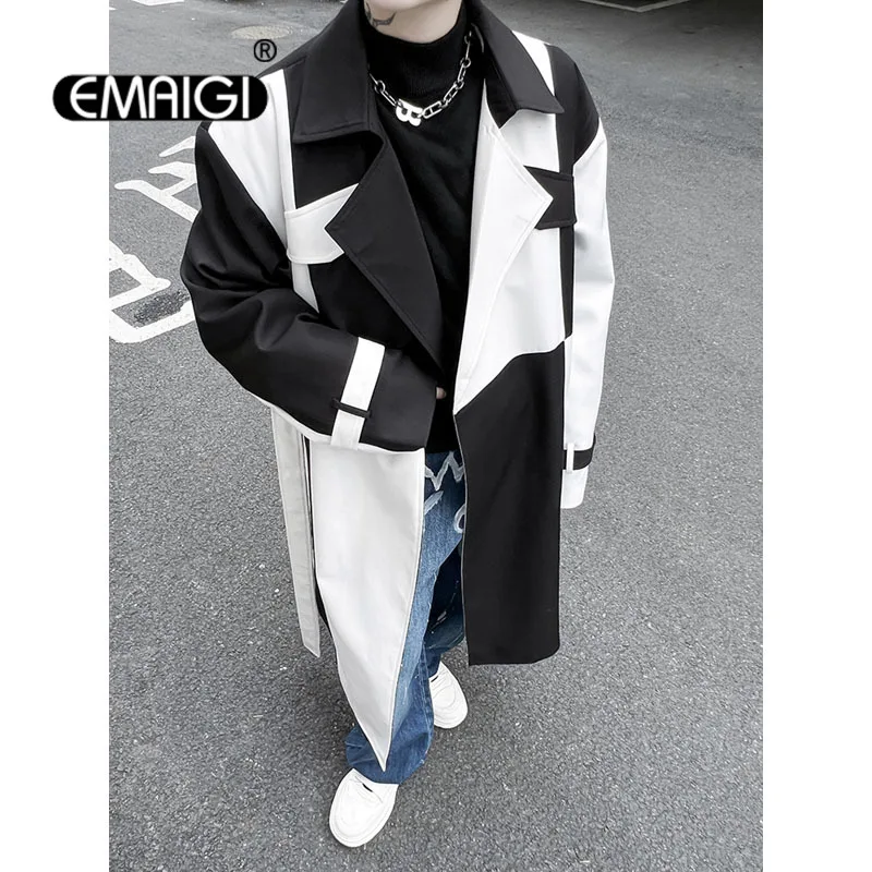 Men's Net Celebrity Streetwear Black White Splice Long Jacket Windbreaker