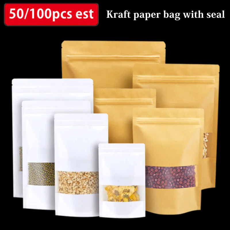 

Kraft Paper Bag With Seal Mini 50/100 Pcs Wholesale Clear Window Gift Cookies Stand Up Bag Reusable Food Zipper Lock Ziplock Bag