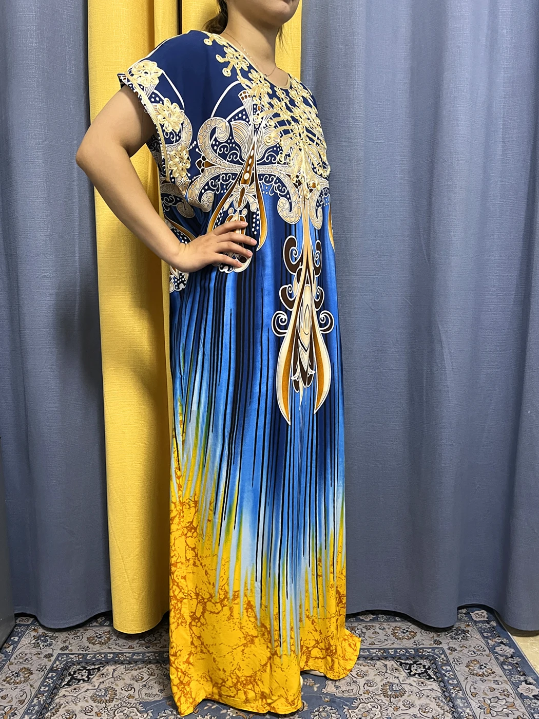 Muslim Abayas For Women 2023 Summer New Appliques Printed Cotton Loose Femme Robe Traditional African Party Dresses With Turban