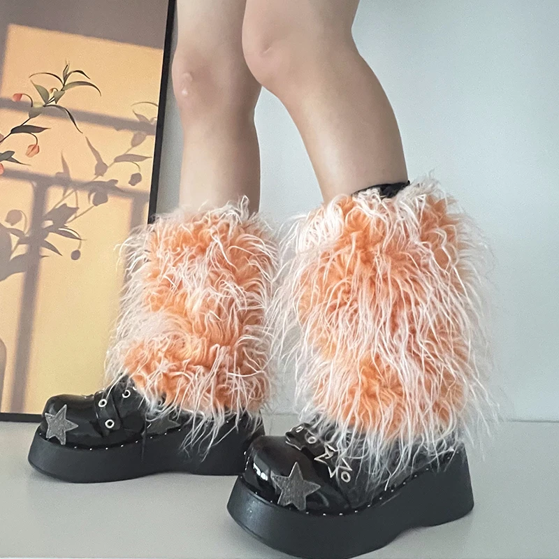 Ins 2000s Sweet Cute Pink Lolita Girls Gradient Faux Fur Leg Warmers Women Costume Leggings Hot Y2k Goth Punk Legcovers