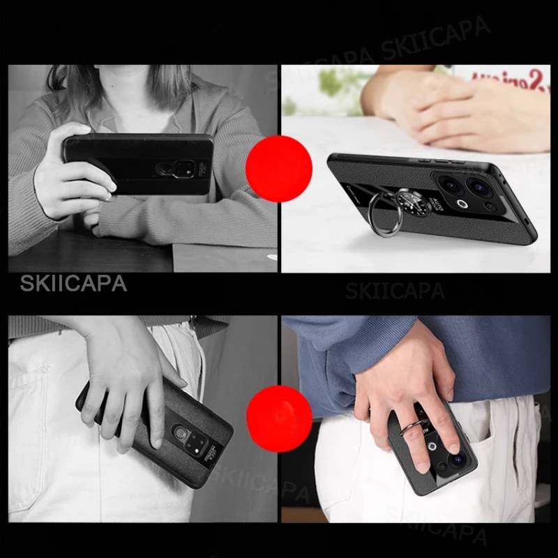 Premium PU Leather Magnetic Ring Holder Phone Case with Silicone Matte Bumper