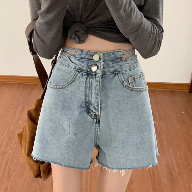 Y2K Fashion Women's Denim Shorts High Waisted For Summer Solid Raw Edge Korean Version Casual Hollow Out Wide Leg Jean Pants