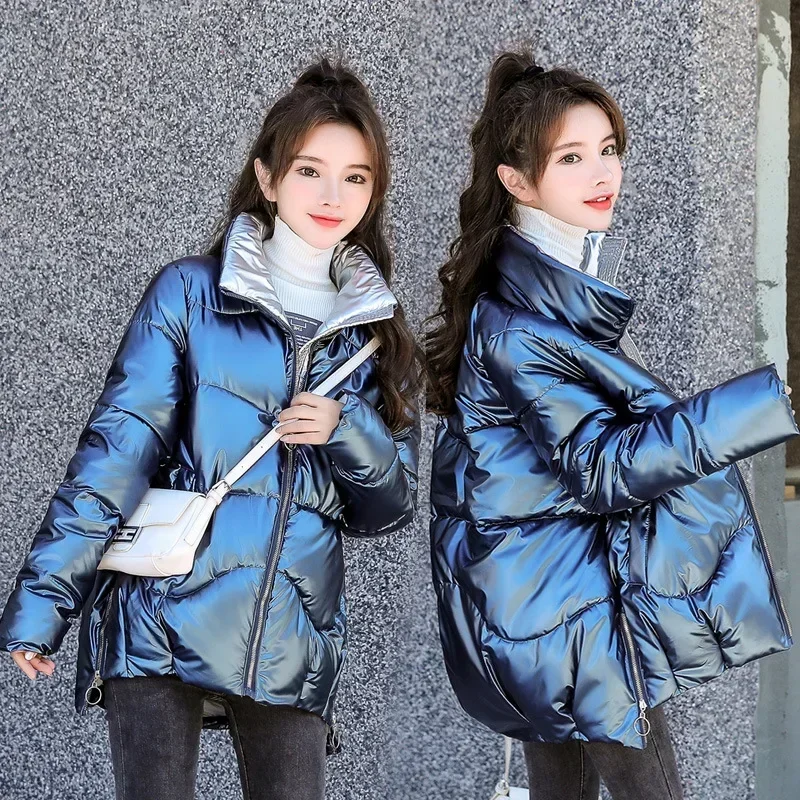 

2023 Winter Korean Edition Loose fitting Cotton Coat No Wash Bright Face Short Cotton Coat Casual Standing Collar Cotton Coat