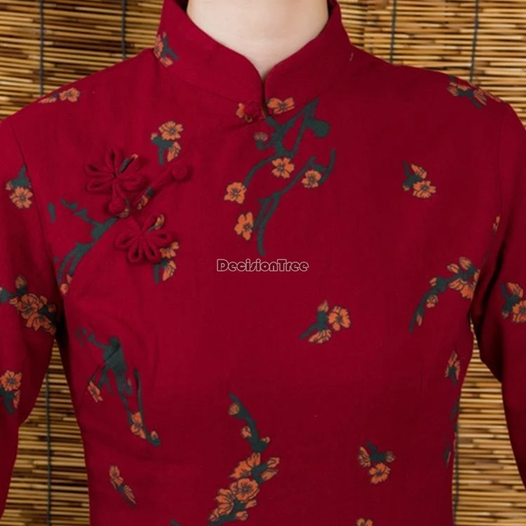 Chinese Seven-point Sleeve Women's Retro Printed Cheongsam Top Improved Cotton Linen National Style Tang Suit Blouse w581