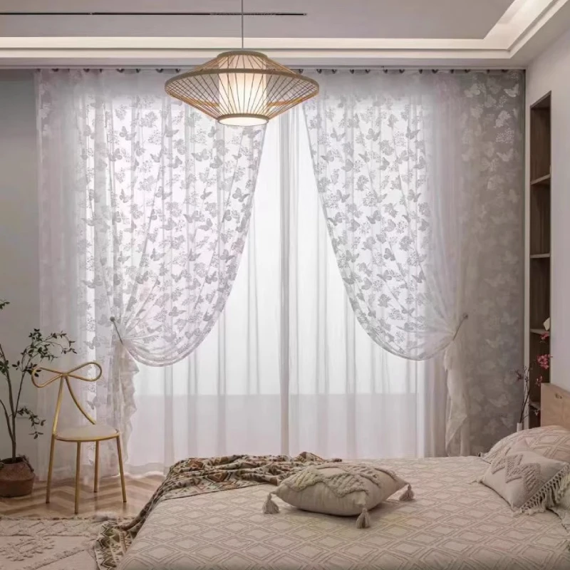 Sheer Curtains Embroidered White Tulle Door Screen for Living Room Bedroom Shutter Balcony Windows Lace Butterfly Partition Door