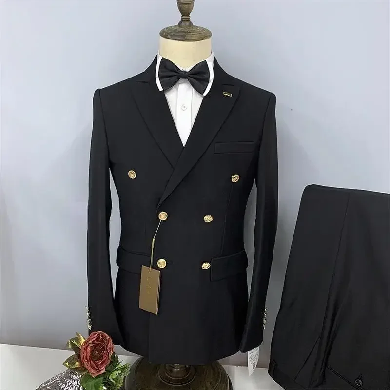 2024 Formal Business 2 Pieces Mens Suit Brown Tuxedos Double-breasted  Metal Jacket for Wedding Groom(Blazer+Pants)