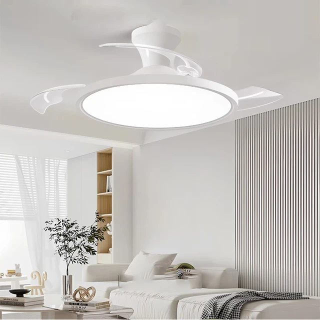 Moderne Invisible LED ventilateur de plafond lumières moteur à courant continu grand Volume d'air 4 pales pliantes lampes pour salon chambre salle à manger 1