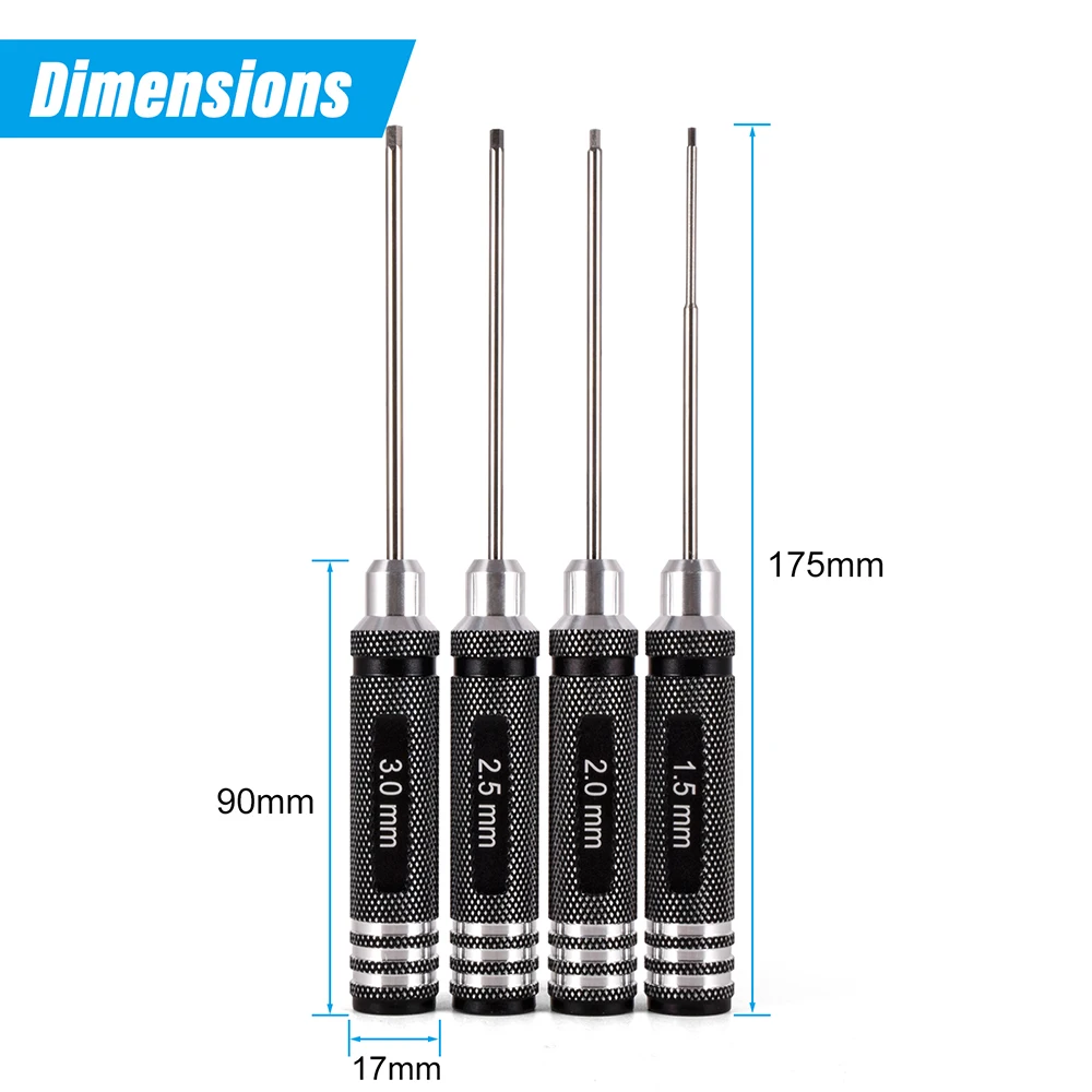 Mains tenant un tournevis hexagonal du jeu 4 pièces 1.5-3mm pour RC, serrant une vis sur un châssis de voiture télécommandée.