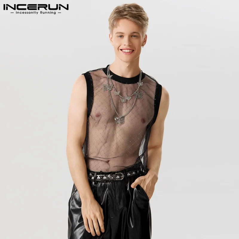 

INCERUN Tops 2023 American Style New Men's Sexy See-through Mesh Sequin Tank Tops Casual Party Flash Fabric Thin Waistcoat S-5XL