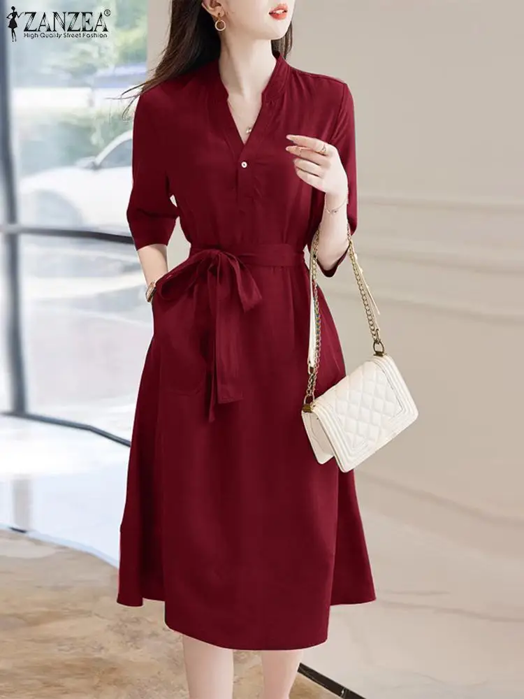 

ZANZEA Female Fashion OL Work Dress Woman 3/4 Sleeve V-Neck Sundress Elegant Belt Dresses Casual Party Vestidos Oversized 2023