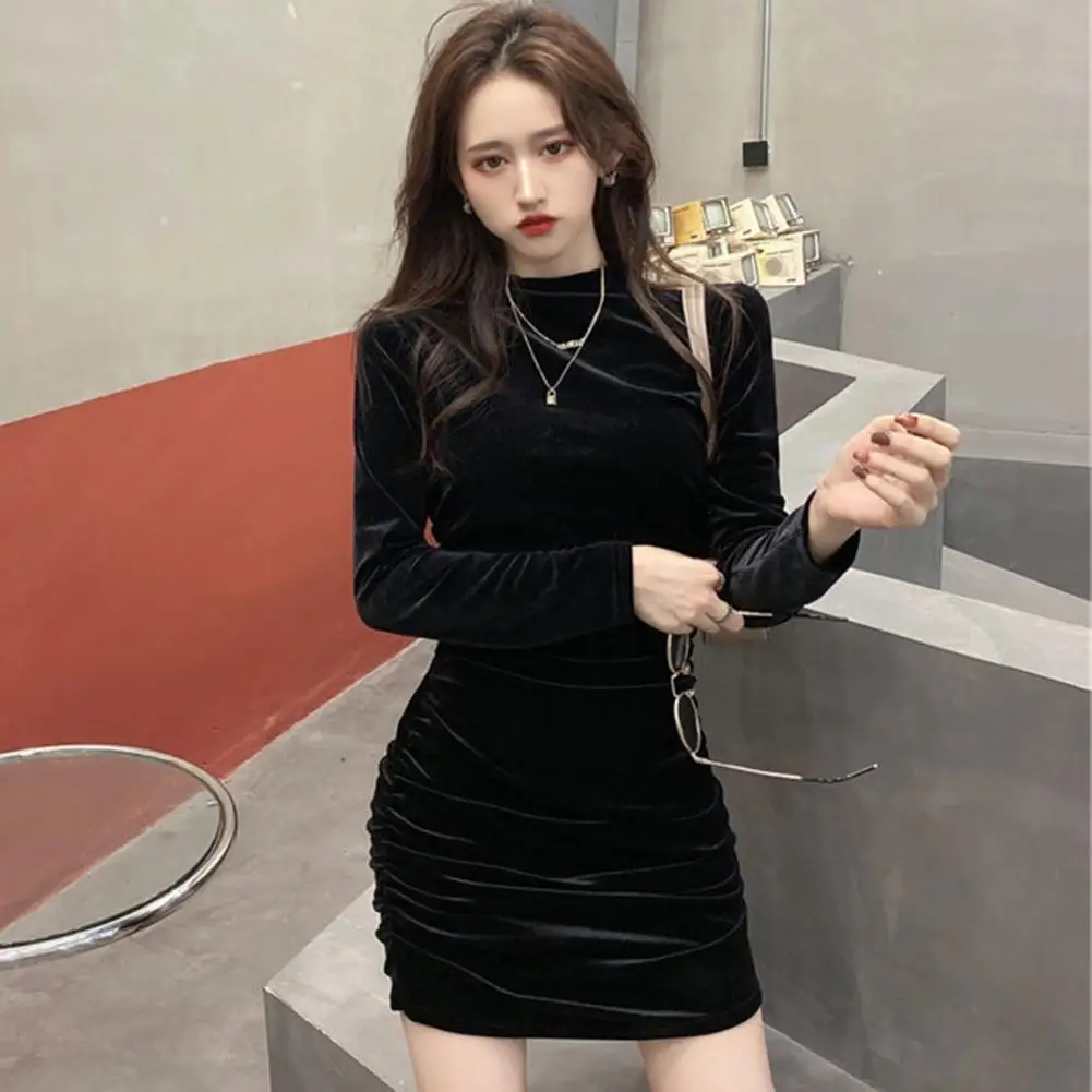 

Elegant Dress Soft Stretchy Women Dress Elegant Retro Mock Collar Mini Dress for Women Spring Fall Pleated Sheath Slim Fit Solid