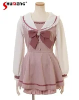 Rojita Japanese Sailor Collar Long Sleeve Dress for Women Spring Summer Sweet Lolita Bow Dress Shorts Suit Women's Two-Piece Set