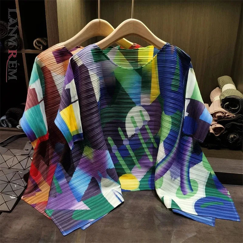 LANMREM Premium Colorful Geometric Abstract Print Pleated Women's T-shirt Tunic Short Sleeve Loose Fit Daily Casual Tee 2DB7516