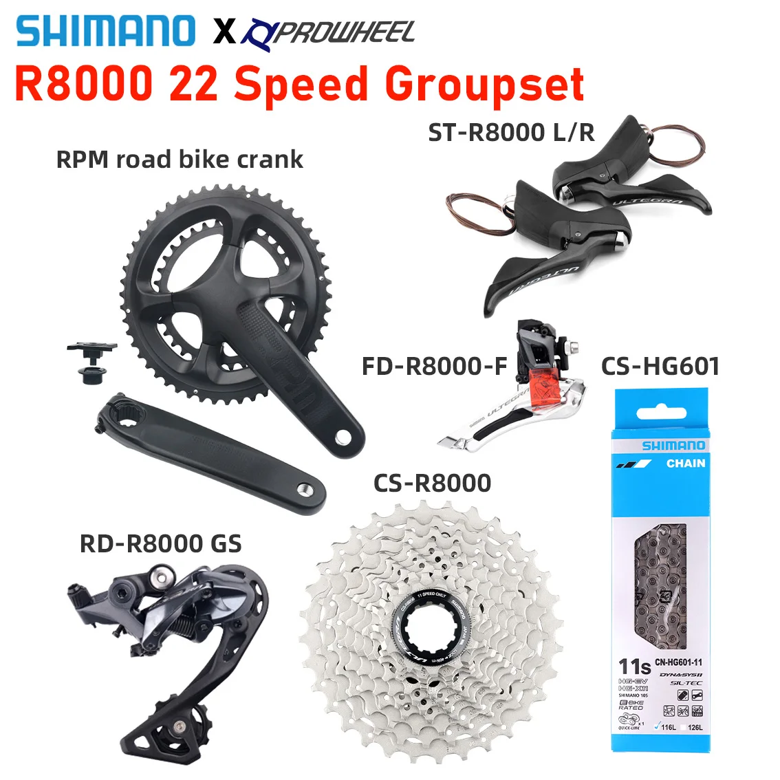 

Shimano Road Bike Groupset R8000 2x11 Speed Shifter Derailleur 22S Prowheel Crankset 172.5 170mm R8000 K7 28T 30T 32T Bicycle