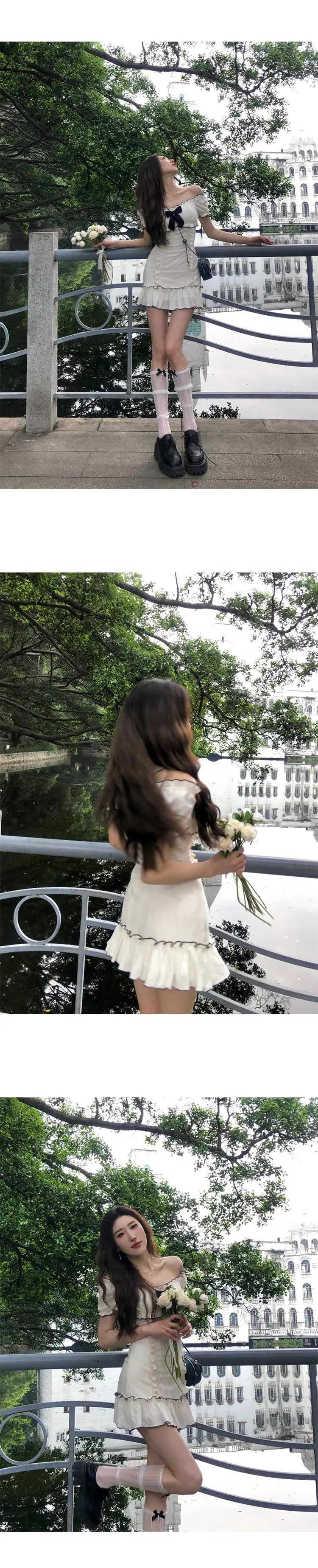 Y2K Ruffles Short Dresses for Women Slim Off Shoulder Puff Sleeve Birthday Party Dress Korean Fashion Summer New Vestidos Mujer