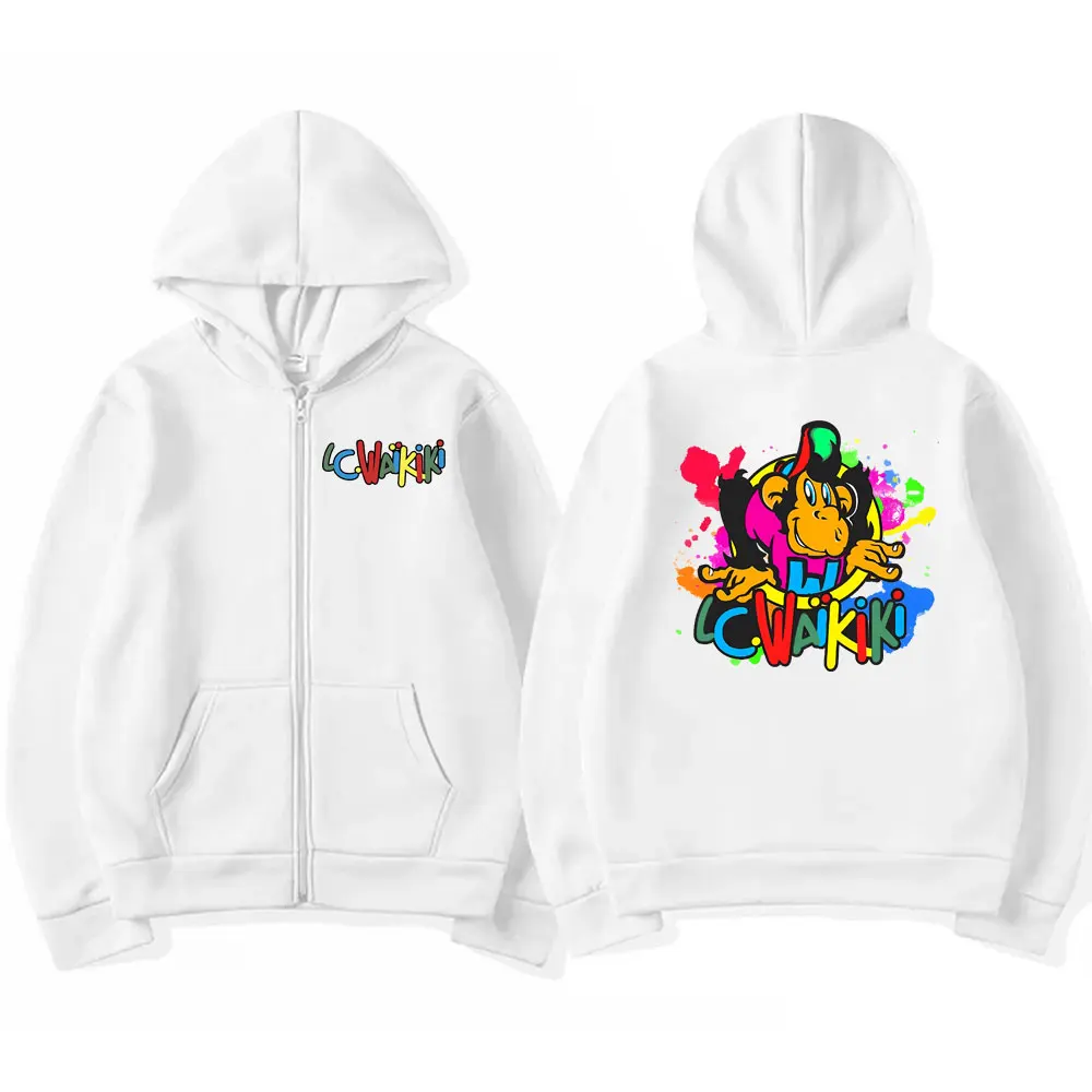 Lc Waikiki Monkey Graphic Zipper Hoodie Funny Men Women's Cartoon Monkeys Zip Up Jacket Male Fashion Oversized Sweatshirt Coat