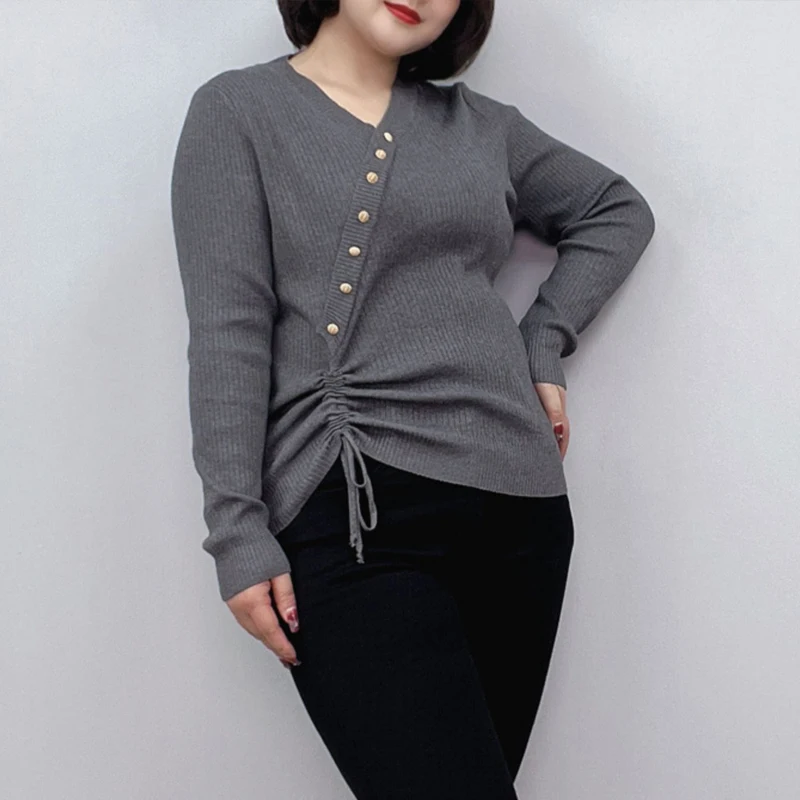 Women's Long Sleeve Knitted Sweater, Loose Button, Drawstring Jumpers, Casual Pullovers, Plus Size, Autumn, Winter, New, 2024
