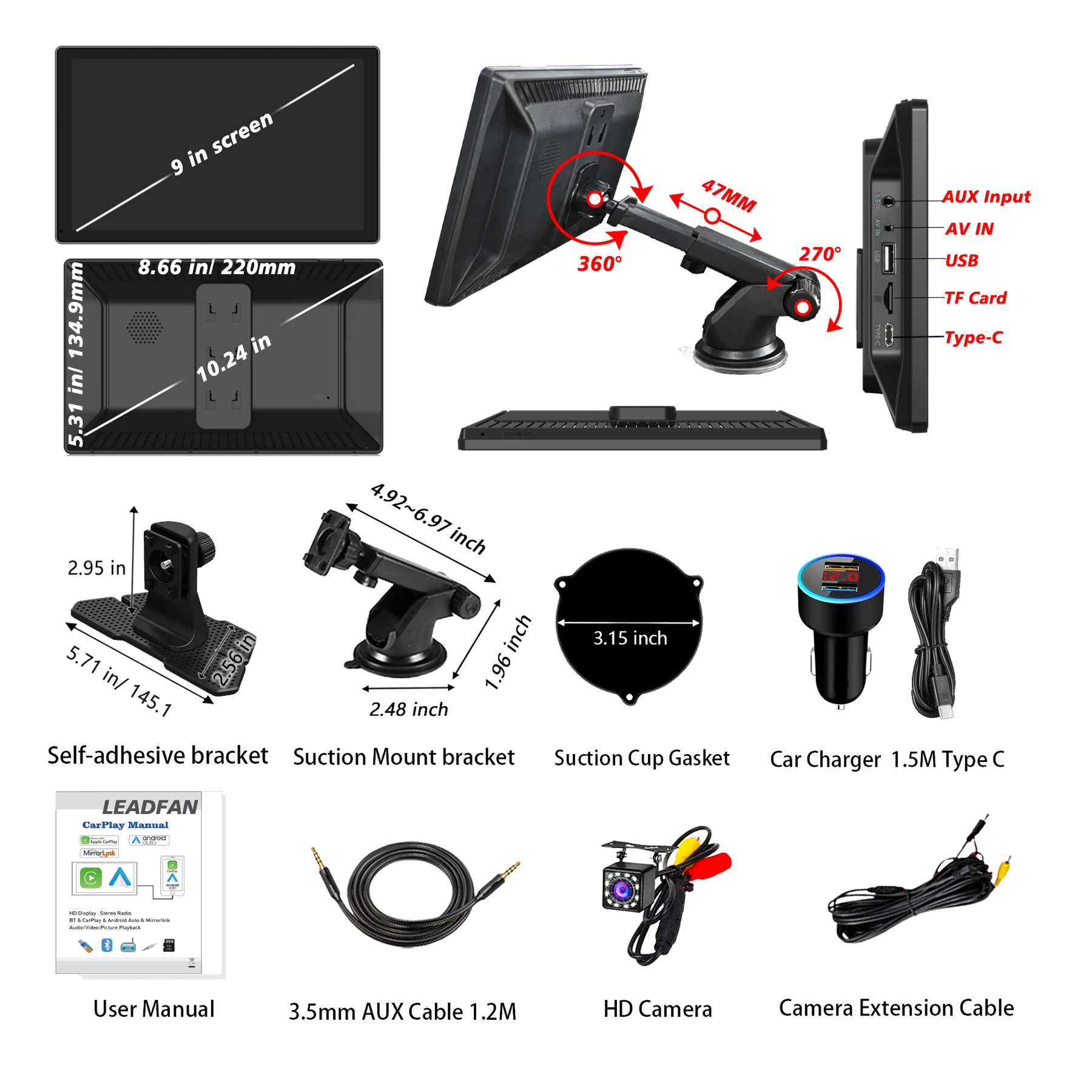 9 인치 휴대용 자동차 라디오 HD 터치 스크린 자동차 비디오 플레이어 무선 CarPlay 안드로이드 자동 후면보기 카메라 블루투스 USB FM