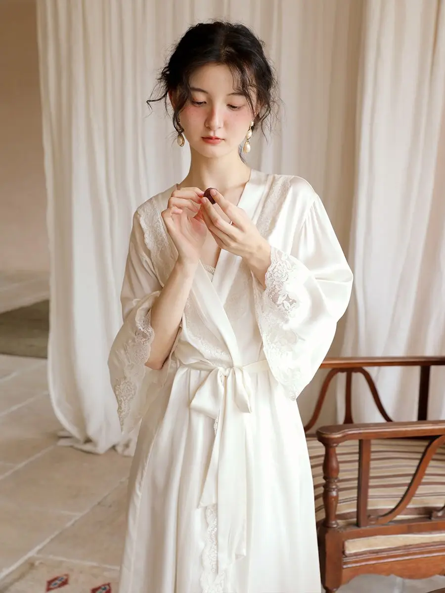 

Атласный кружевной пижамный комплект, женская ночная рубашка на бретельках, костюм рубашки, домашняя одежда на весну и осень, женская ночная сорочка