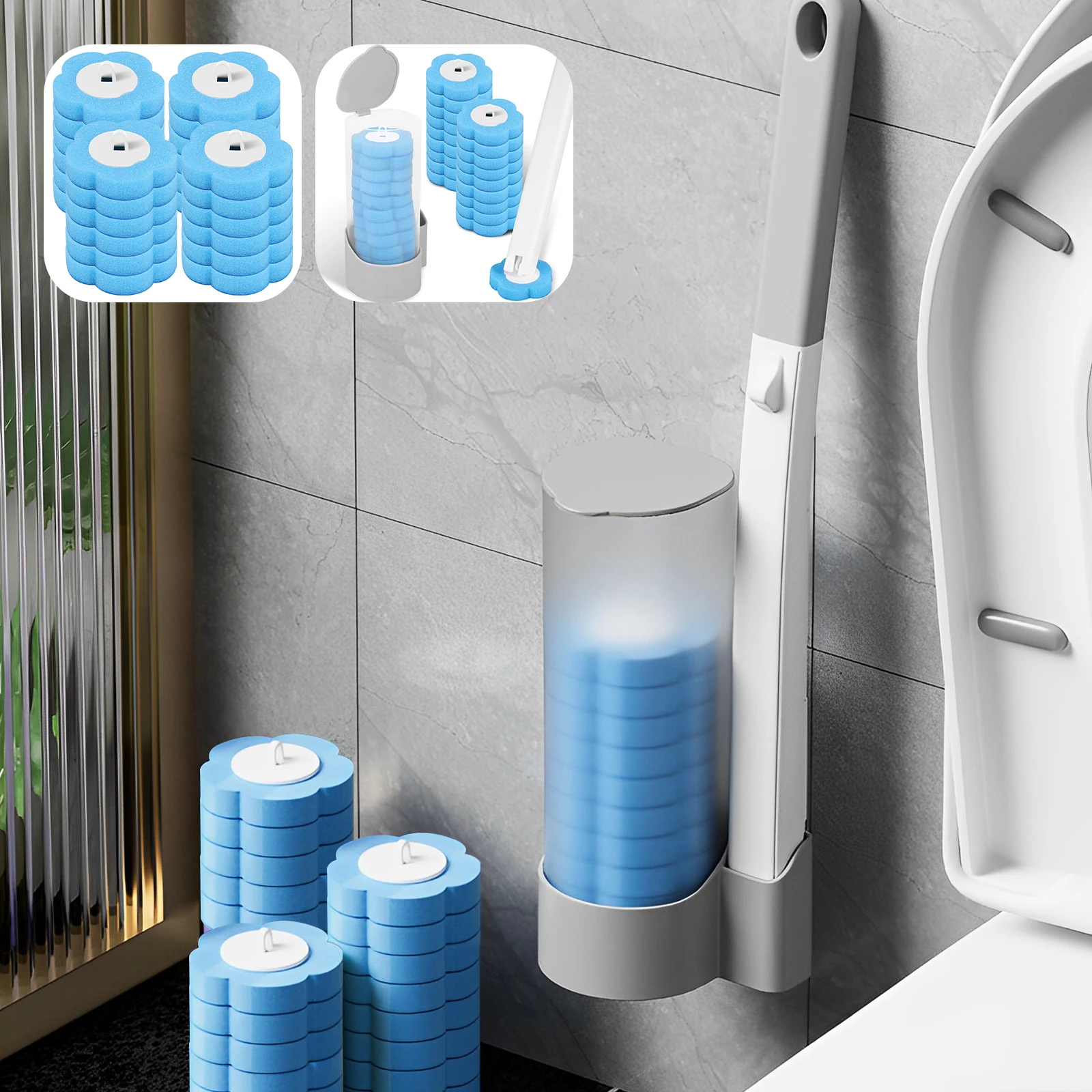 Disposable Wall-Mounted Toilet Bowl Brush – Long Handle With 24 Refill Heads & Sponge Holder