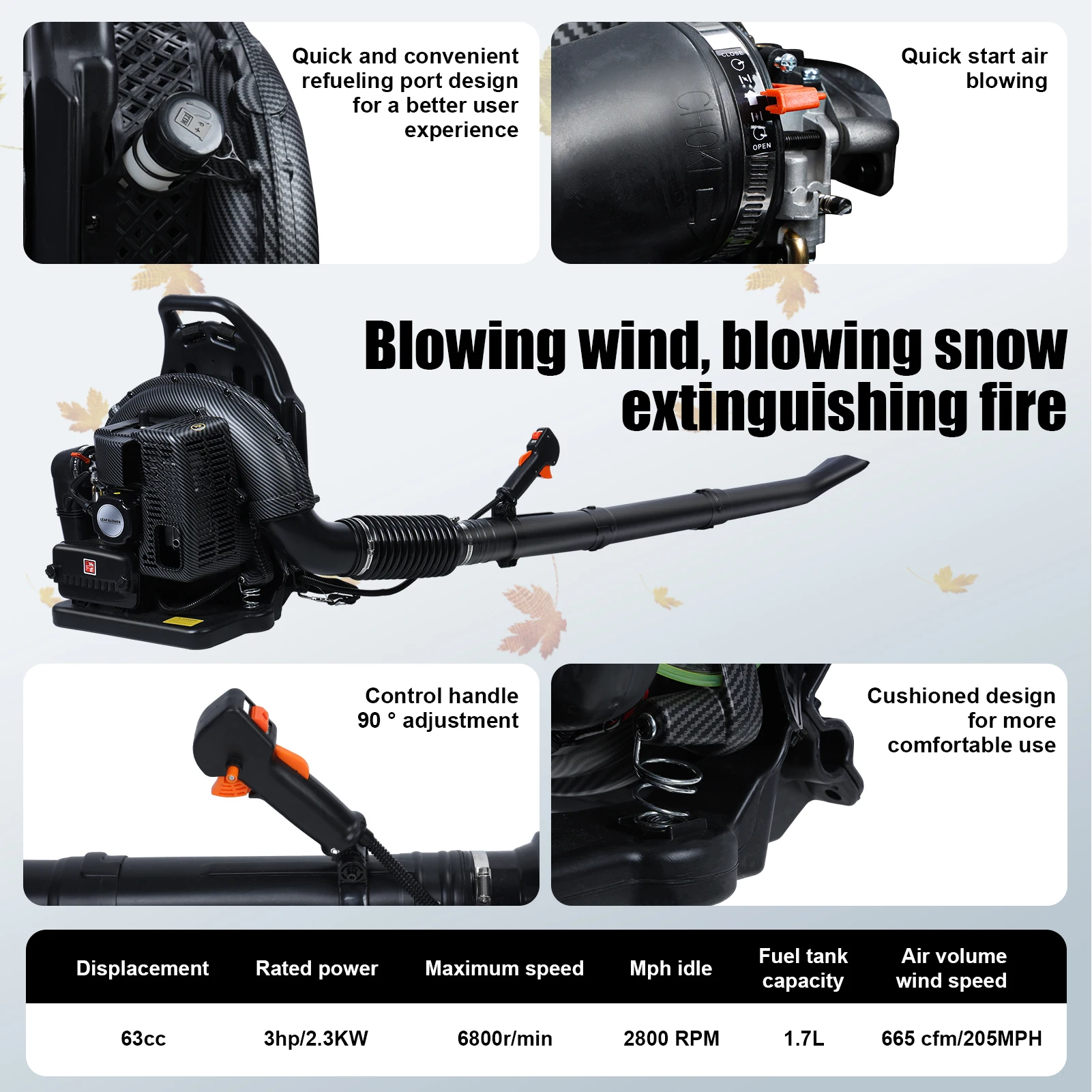 63CC Gas Powered Backpack Blower, 2-Stroke Snow Blower for Lawn Care Yard Dust Debris (Black) 5