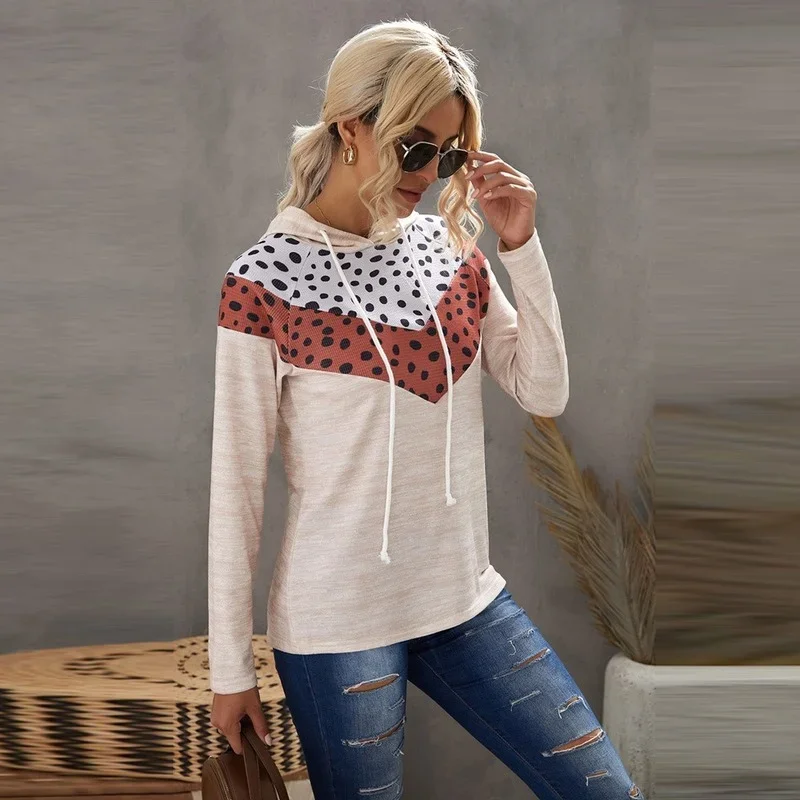 Spring Autumn Fashion Hooded Sweatshirt Apricot Pullover Casual Hoodies for Ladies Long Sleeve Tops Dot Print Patchwork Jumper