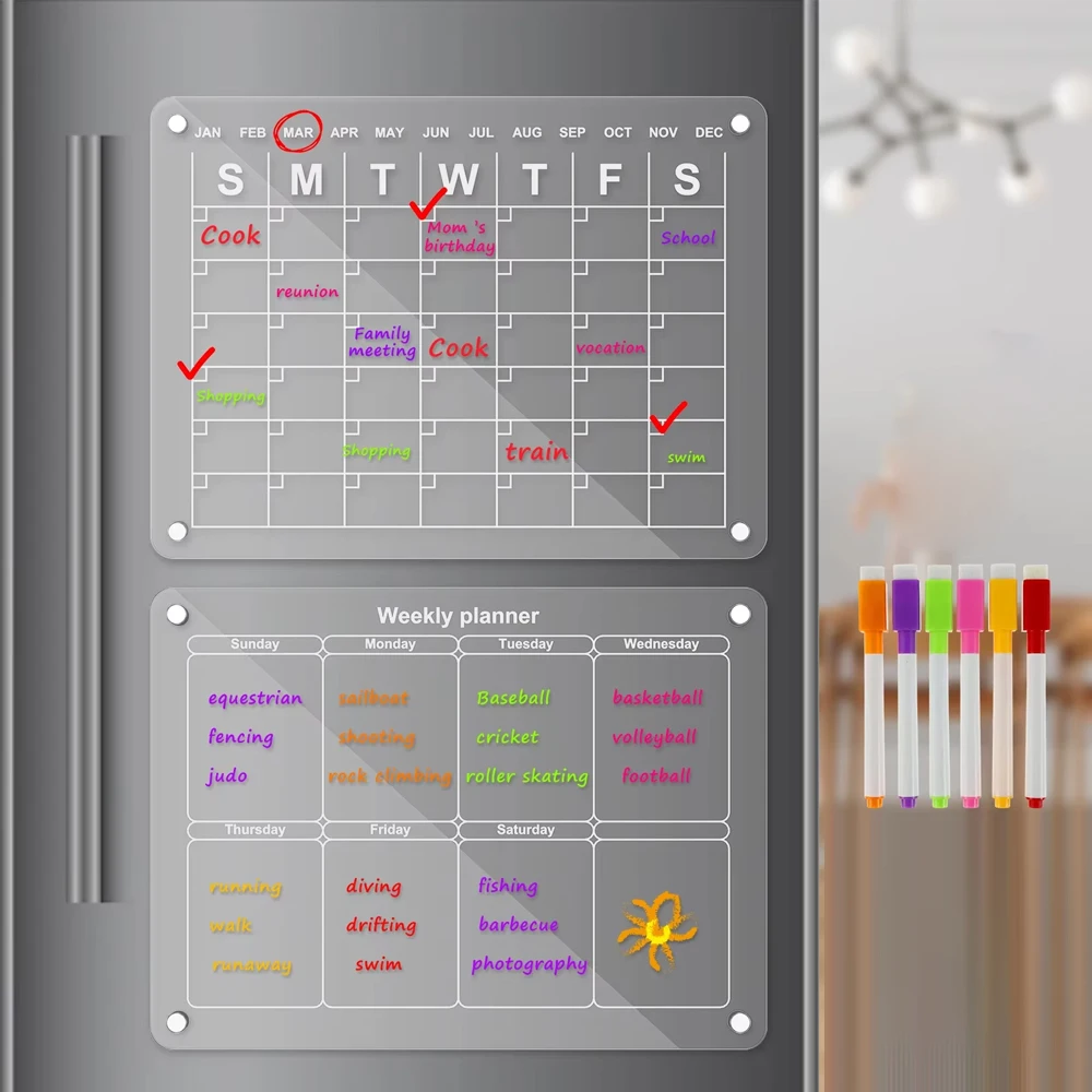 Acrylic Magnetic Calendar Reusable Magnetic Dry Erase Board Clear Acrylic Fridge Board Calendar Note Message Writing Tablet