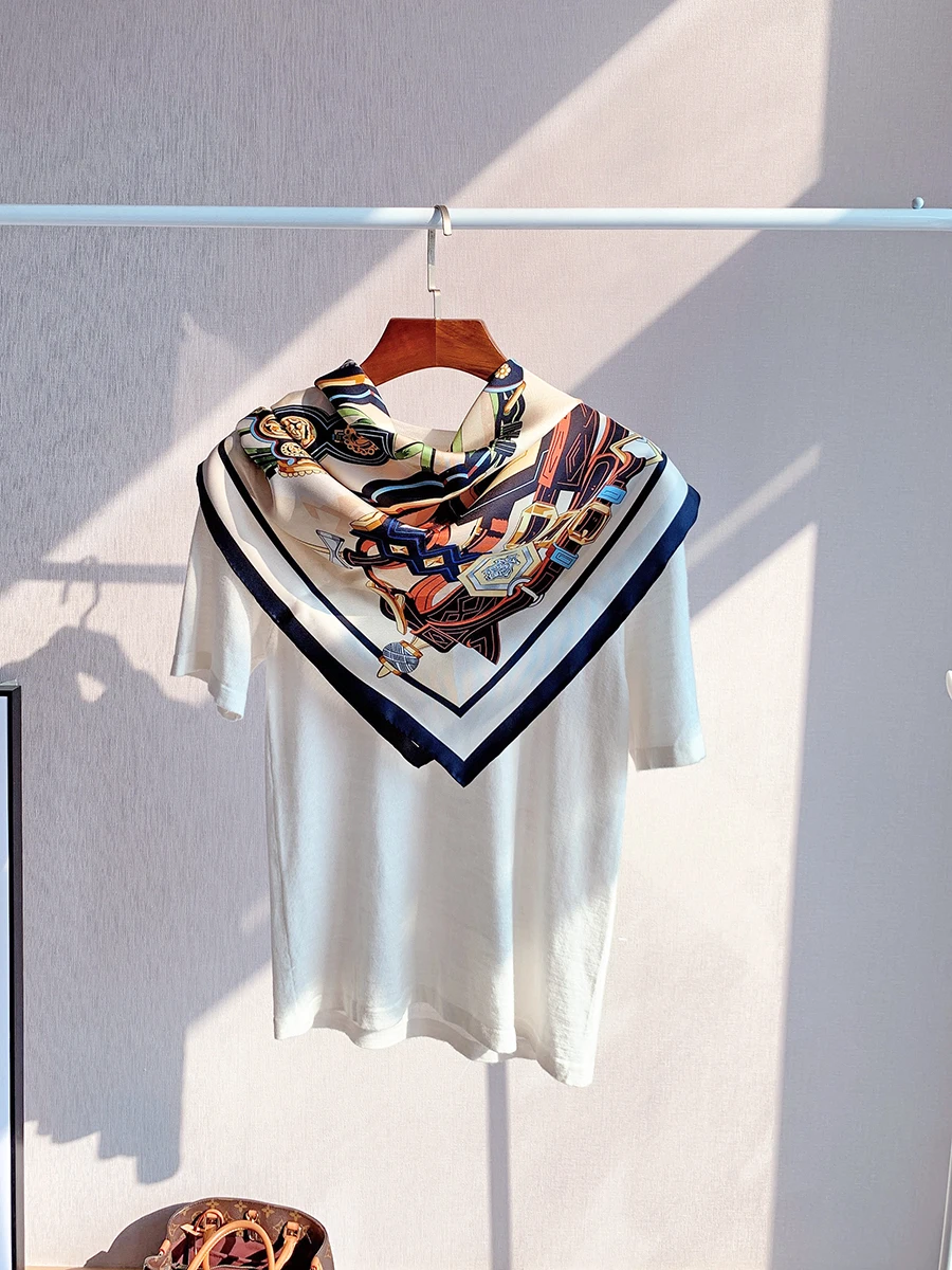 Scarf Luxury Brand 90x90cm Double Sided Printing Silk 100 Neckerchiefs Woman Hair Turban Headband For Girl