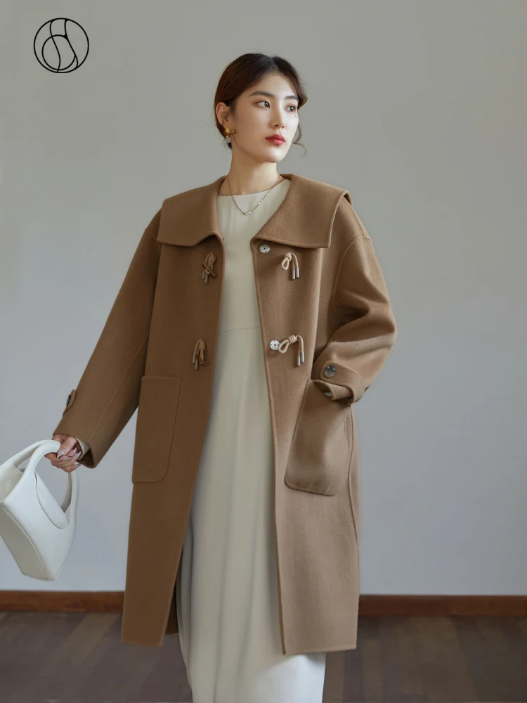 Dushu Women Doublesided Woolen Coat Winter New Navy Collar Thin Jacket