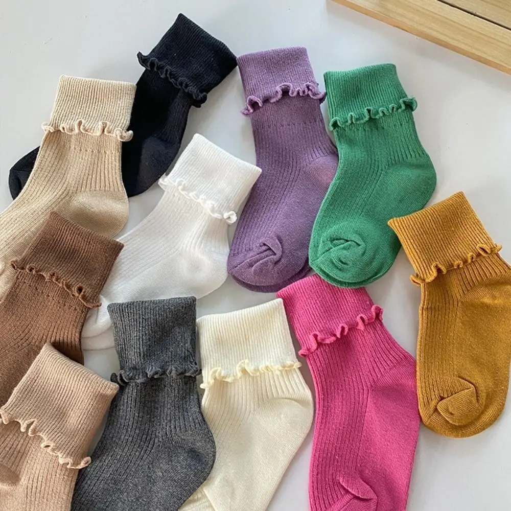 Baby Girls Cotton Dress Socks Solid Color Ruffle Long Sock Ruffle Stockings Toddlers