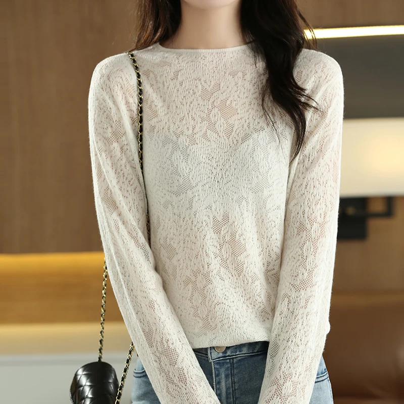 

Lace Hollowed Out bottom Sweater for Women's New 100% Underwear Spring and Autumn High-end Half high Collar Popular Sweater Knit