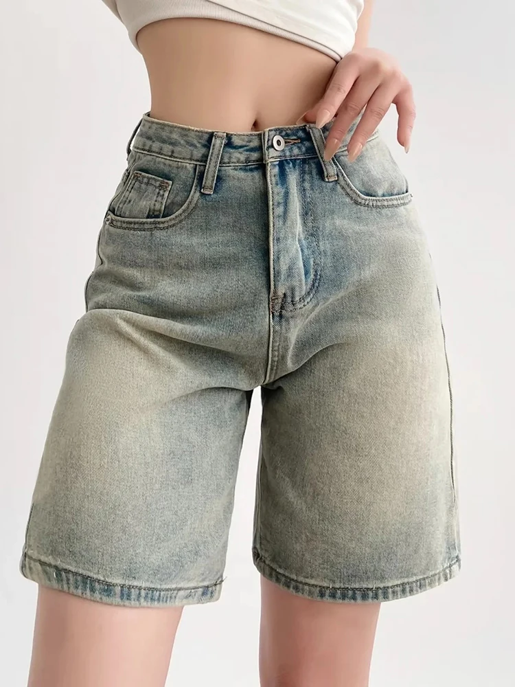 

Jyate 2023 New Vintage Denim Shorts Women Summer High Waisted Straight Jean Shorts Women Casual Streetwear Ladies Pocket Shorts