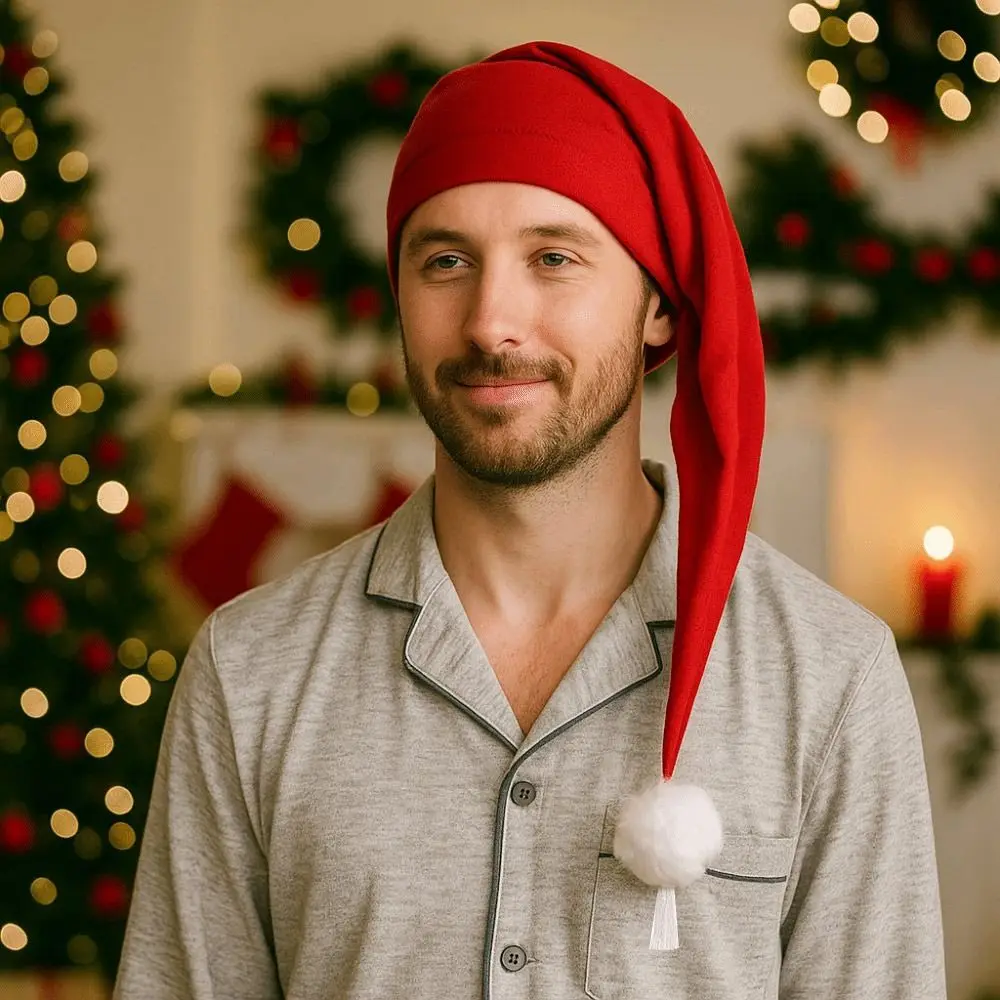 Elastic Cotton Christmas Sleeping Caps with Pom Ball