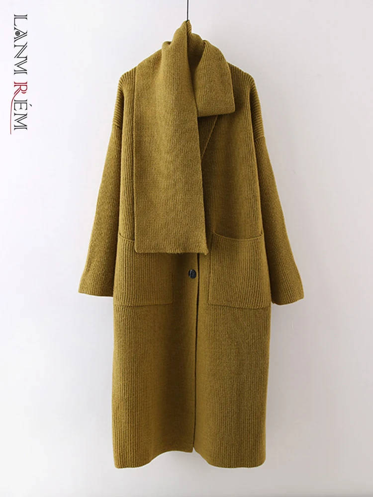 

LANMREM Scarf Collar Knitted Coat For Women Single Breasted Long Sleeves Korean Retro Spliced Coats 2023 Autumn New 2YA3945