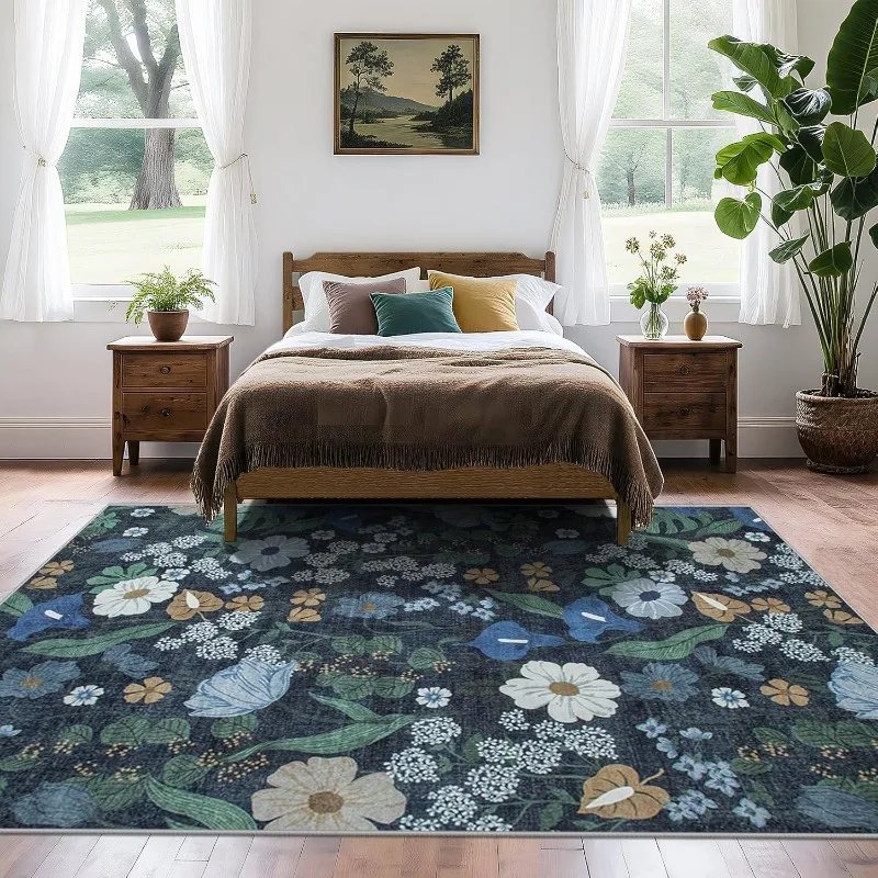 Retro Living Room Carpet Large Area Floral Print Bedroom Rugs Machine Washable Non-slip Soft Coffee Table Mats Alfombra Tapis 러그